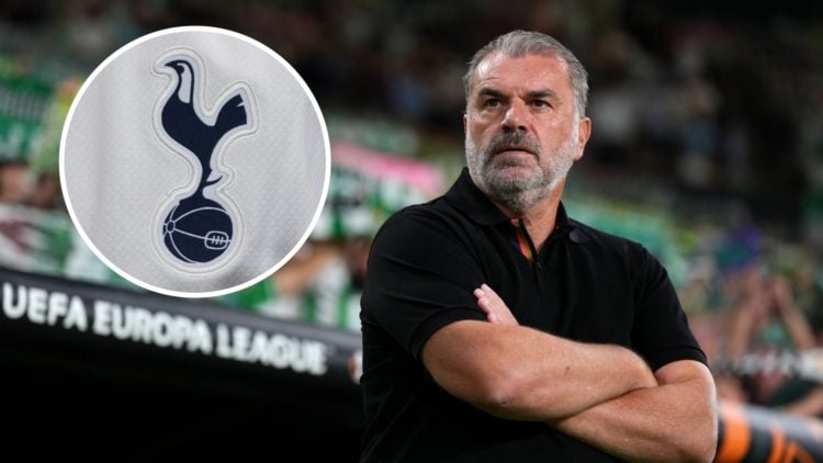 Ange Postecoglou looks on during Nottingham Forest vs Real Betis. Inset: The Tottenham Hotspur badge