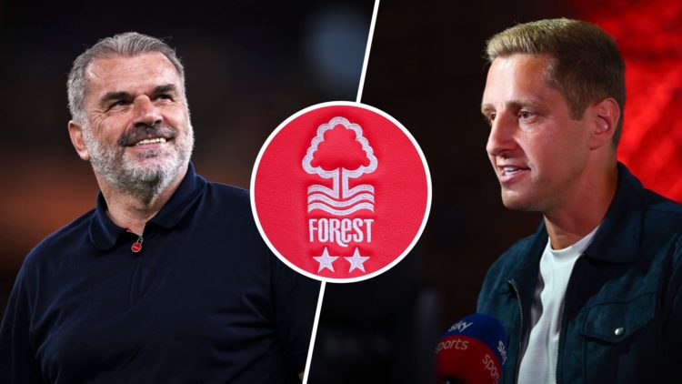 Split image of: Ange Postecoglou smiling after Tottenham won the Europa League and Michael Dawson attending the Sky Sports Opening Night party of t...