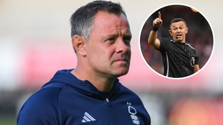 Main: Andy Reid working as a Nottingham Forest coach in 2023 Overlay: Referee Tony Harrington during Nottingham Forest vs Sunderland