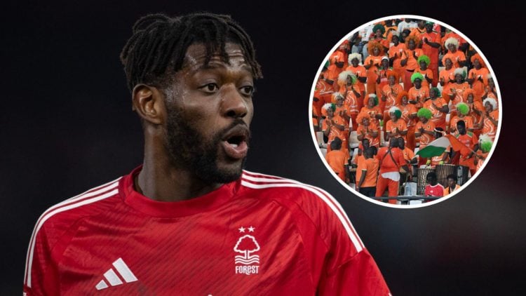 Main: Ibrahim Sangare in action for Nottingham Forest Overlay: Ivory Coast fans in the crowd