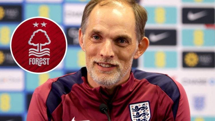England manager Thomas Tuchel. Inset of Nottingham Forest badge.