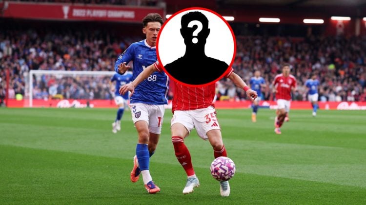 Main: Oleksandr Zinchenko of Nottingham Forest is challenged by Chris Rigg of Sunderland Inset: Mystery player