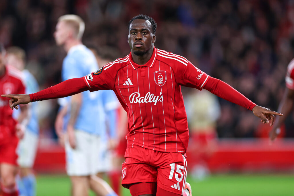 Nottingham Forest striker Arnaud Kalimuendo celebrates scoring vs Malmo