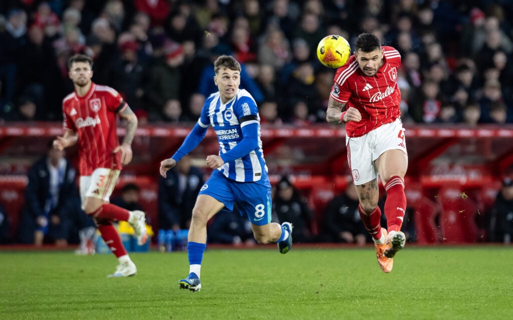 Morato plays a loose headed pass to Matz Sels as Nottingham Forest play Brighton