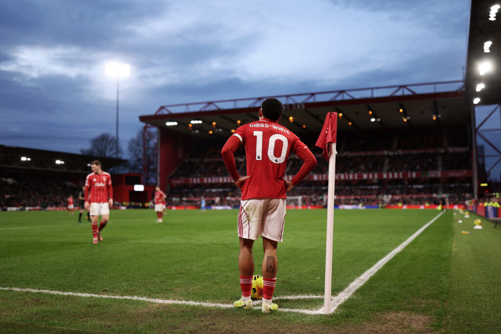 Nottingham Forest star Morgan Gibbs-White in action against Tottenham