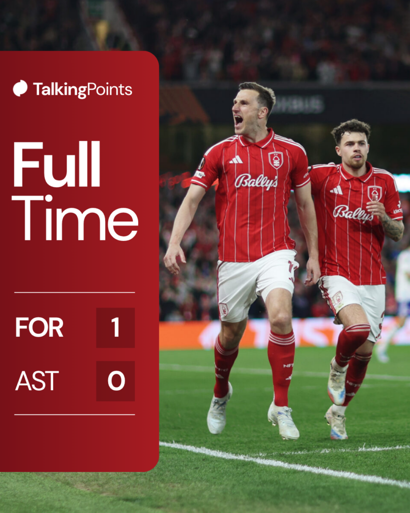 FT score and Chris Wood celebrating Forest goal vs Aston Villa
