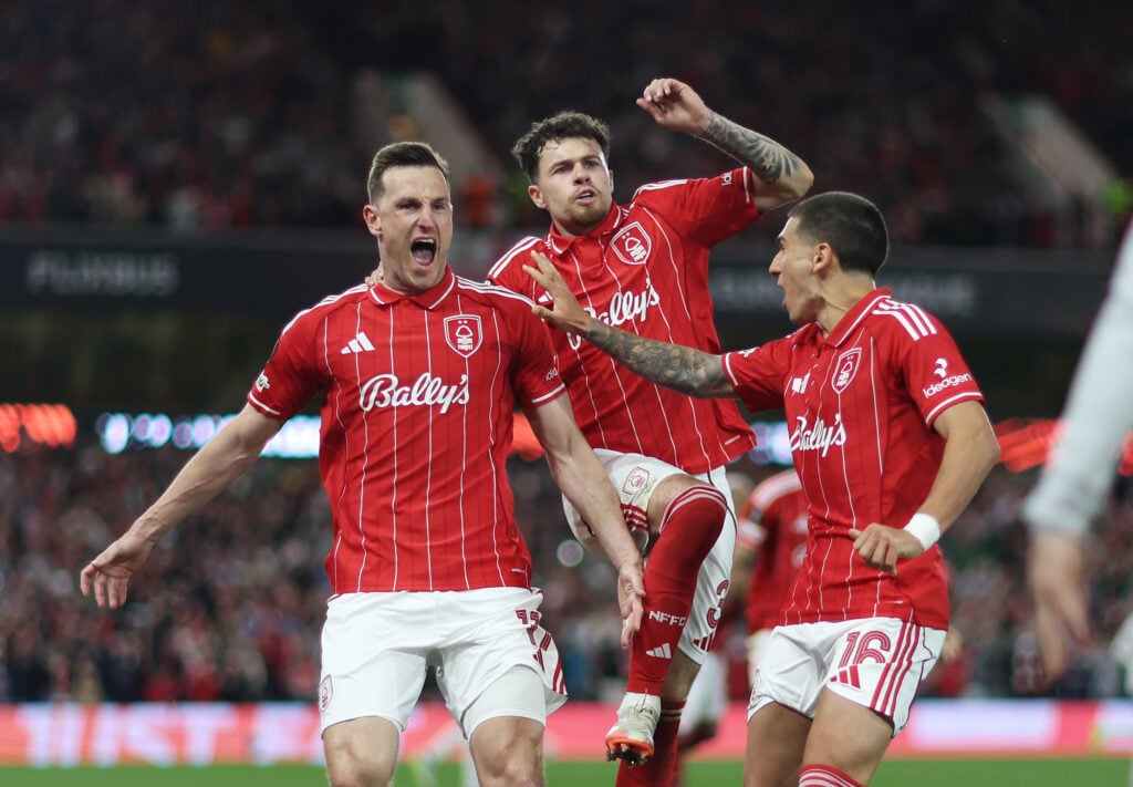 Nottingham Forest celebrate after taking the lead vs Aston Villa.