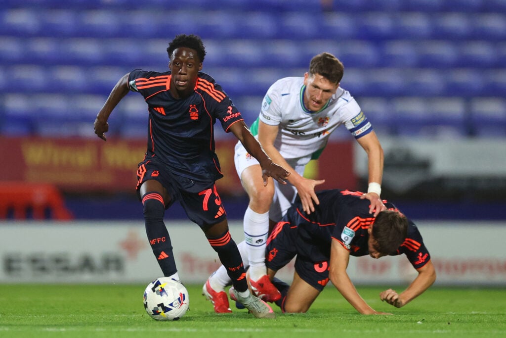 Fuad Smith of Nottingham Forest breaks with the ball during the Vertu Trophy - Northern Group B match between Tranmere Rovers and Nottingham Forest U21s
